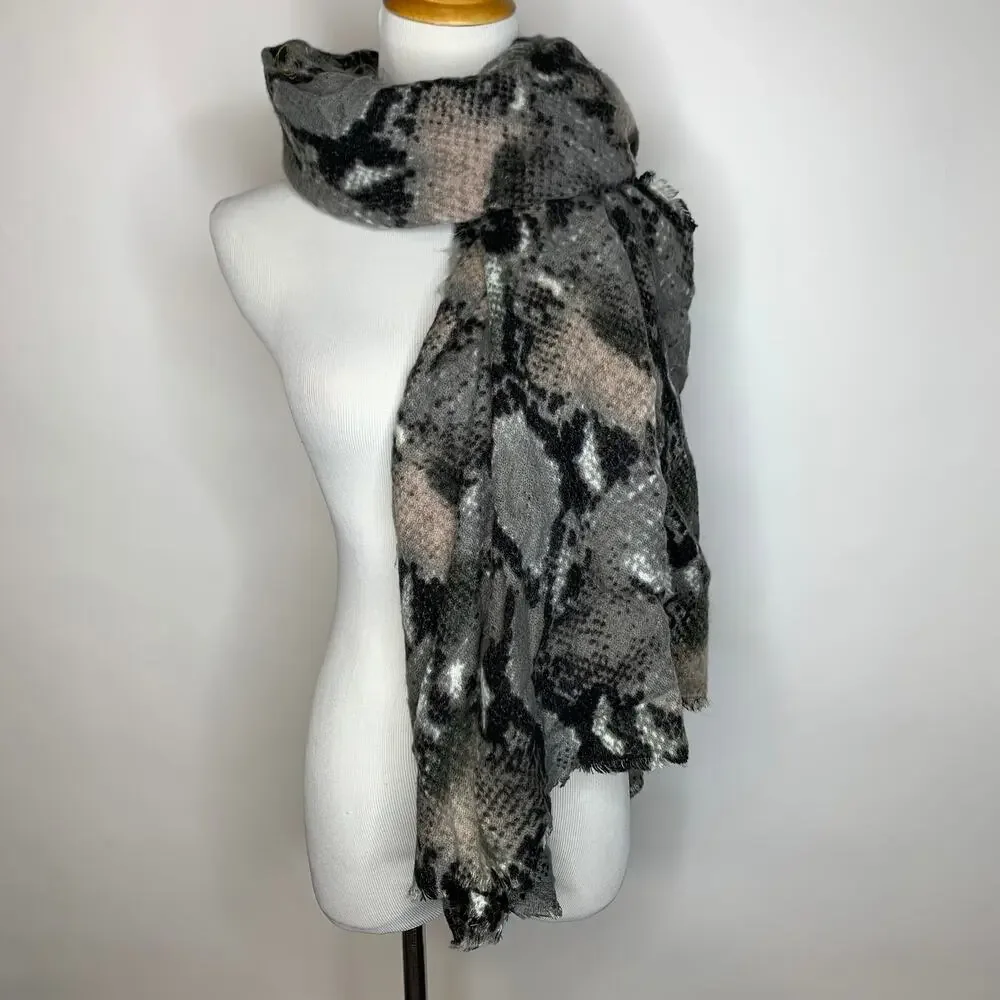 Black Gray Snakeprint Fuzzy Soft Wide Blanket Scarf